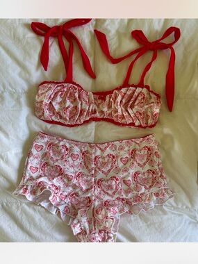 Blackbough Red and White Heart Print Ruffle Bikini Set